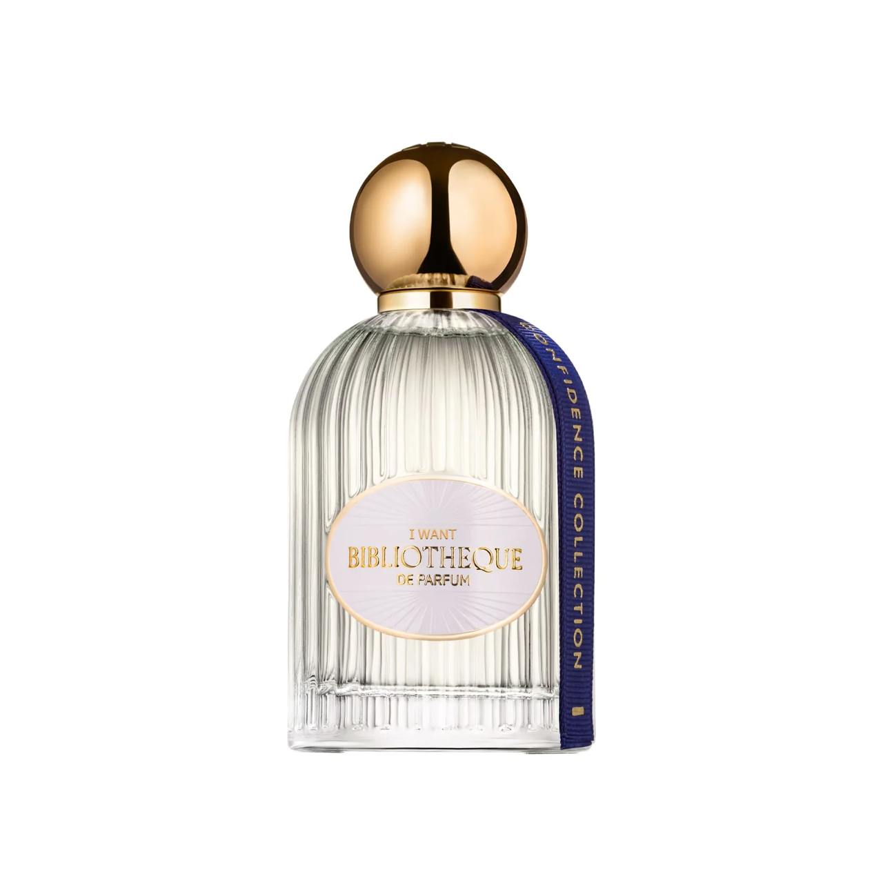 Bibliotheque de Parfum I want perfume bottle with gold cap and ribbed glass body on a white background