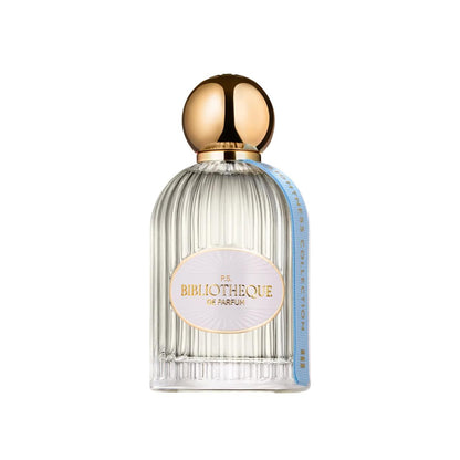 Bibliotheque de Parfum P.S. perfume bottle with gold cap and clear glass body on a white background