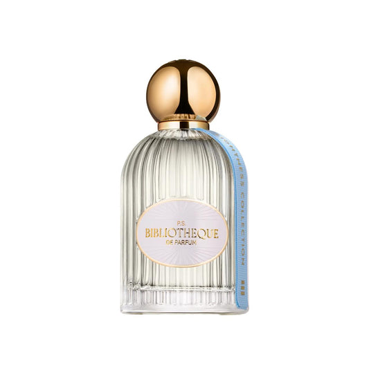 Bibliotheque de Parfum P.S. perfume bottle with gold cap and clear glass body on a white background