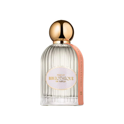 Bibliotheque de Parfum Page 69 perfume bottle with gold cap and clear body on a white background