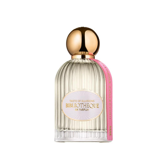 Bibliotheque de Parfum Taste of Illusions perfume bottle with gold cap and pink ribbon on a white background