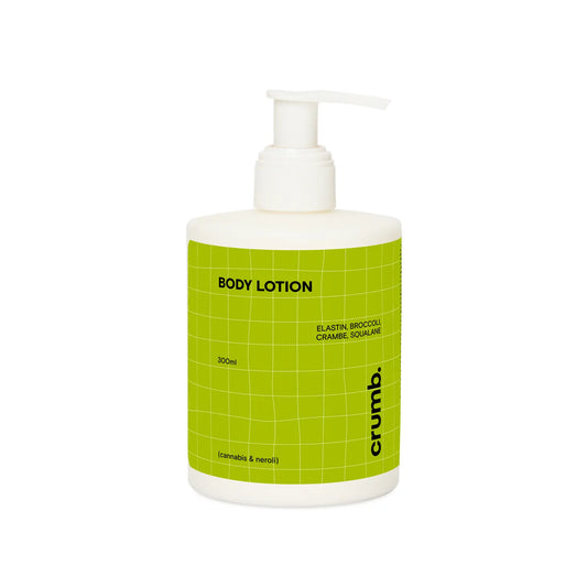 Crumb Body Lotion Cannabis & Neroli bottle with green label on a white background