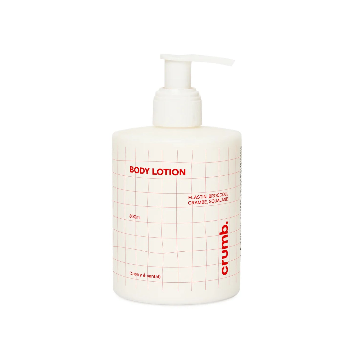Crumb Body Lotion Cherry & Santal bottle with pump on a white background