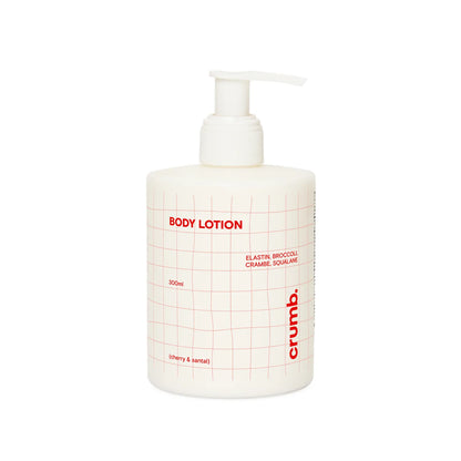 Crumb Body Lotion Cherry & Santal bottle with pump on a white background