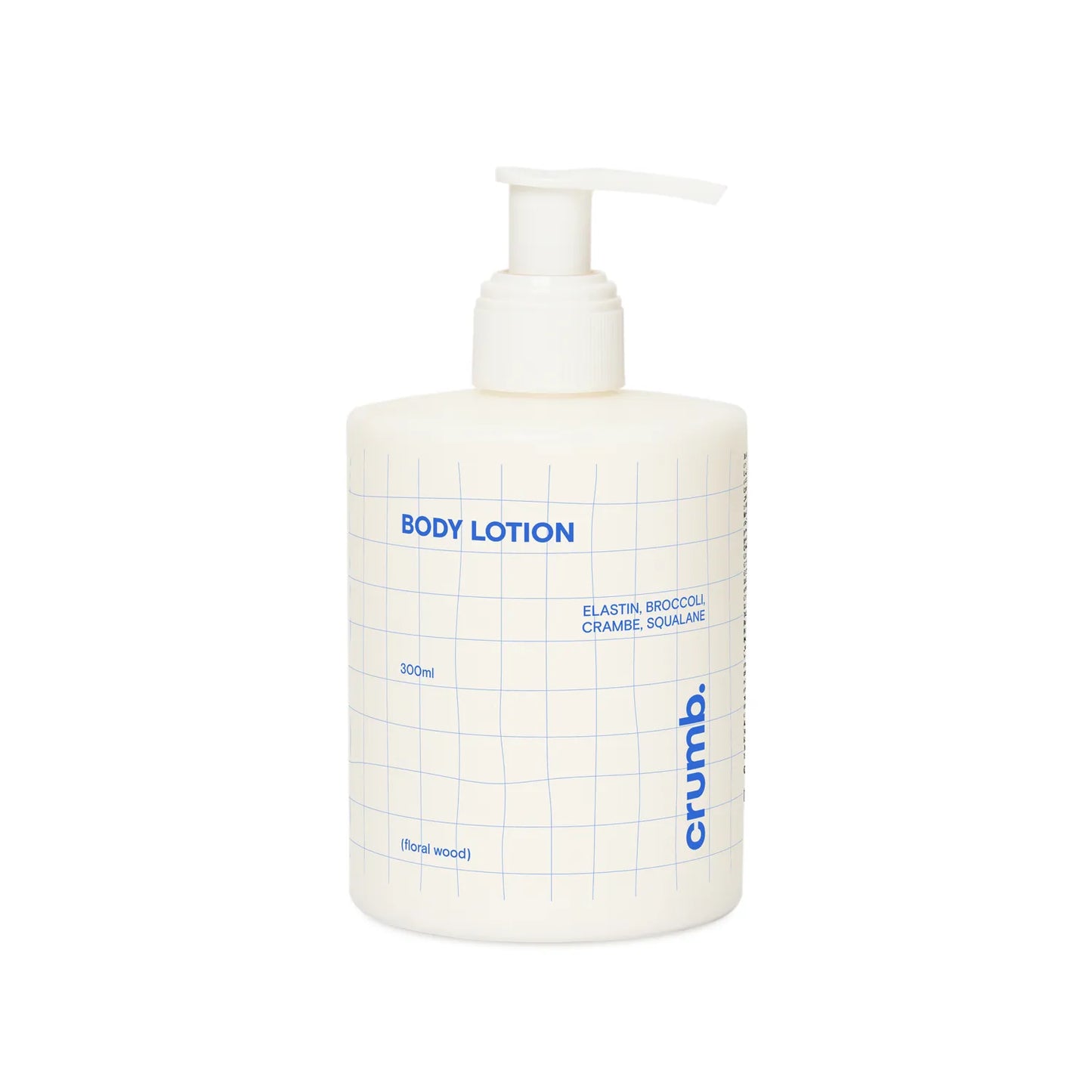 Crumb Body Lotion Floral Wood bottle with pump labeled on a white backgroud