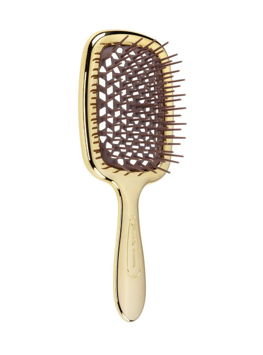 Gold Janeke hairbrush with brown bristle head on a white background