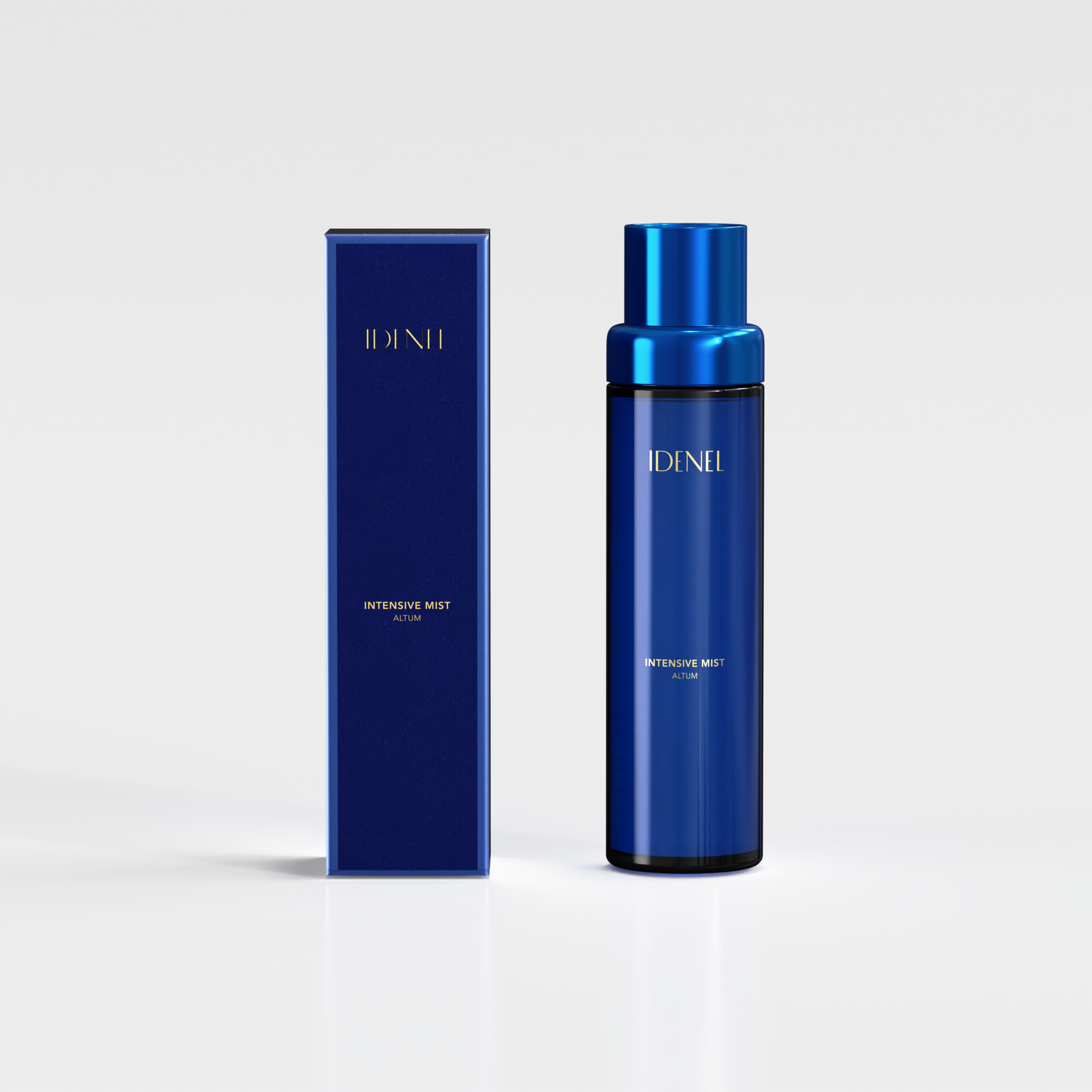 Idenel Intensive Mist moisturizing blue bottle on a white background