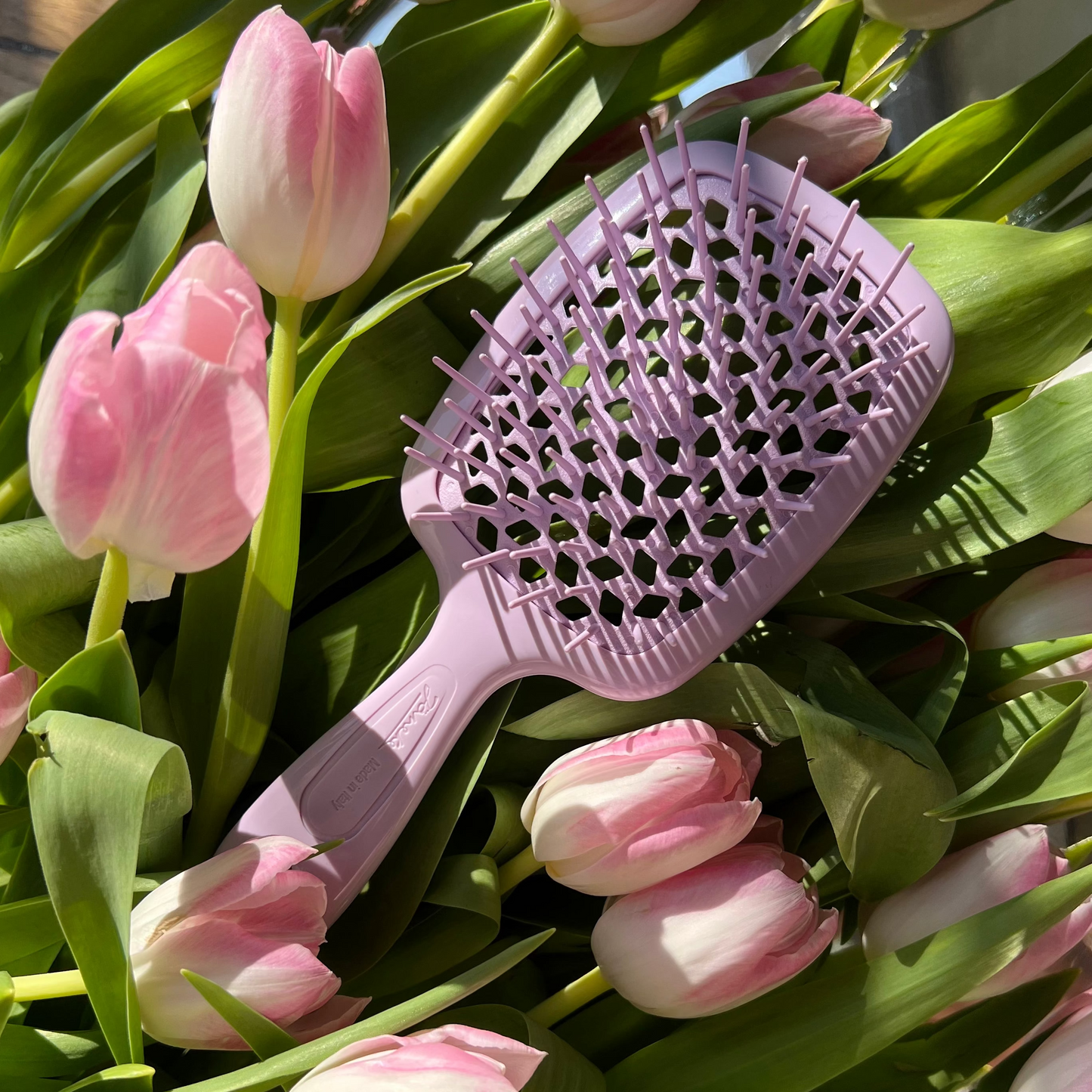 Janeke Purple hairbrush on a bed of pink tulips