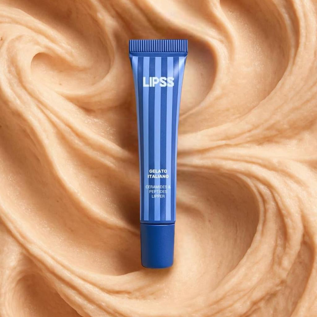 Blue lip gloss tube Lipss Gelato Italiano a swirled beige background