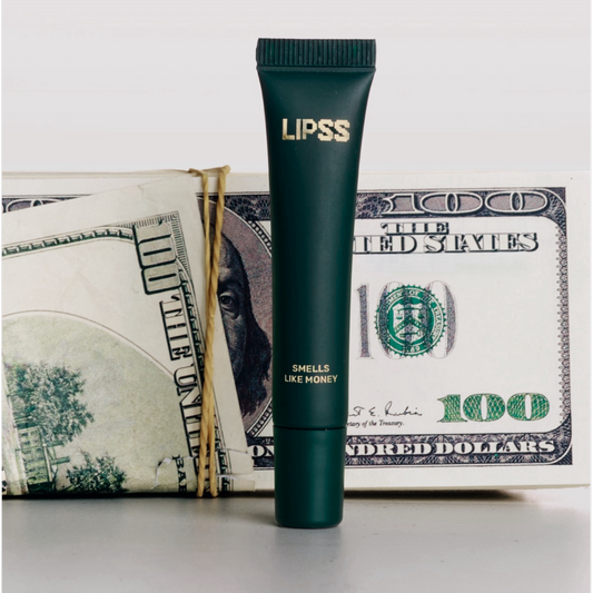 Lip gloss LIPS SMELLS LIKE MONEY on a $100 bill background