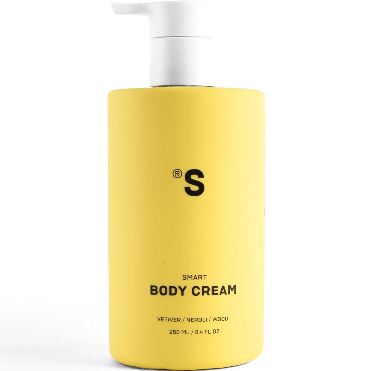 Sister's Aroma Body Cream Vetiver yellow bottle with a white pump on a white background