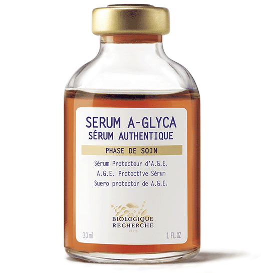 Biologique Recherche face serum A-glyca with a gold cap on a white background