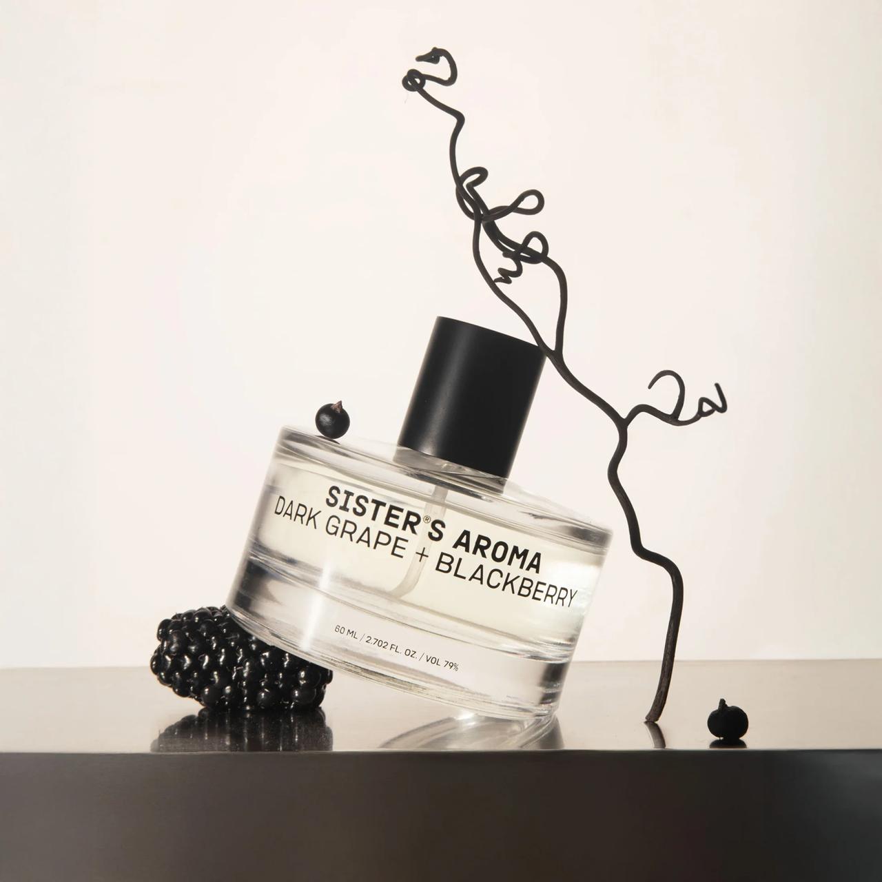 Car perfume Sister's Aroma Dark Grape + Blackberry with decorative elements on a white background