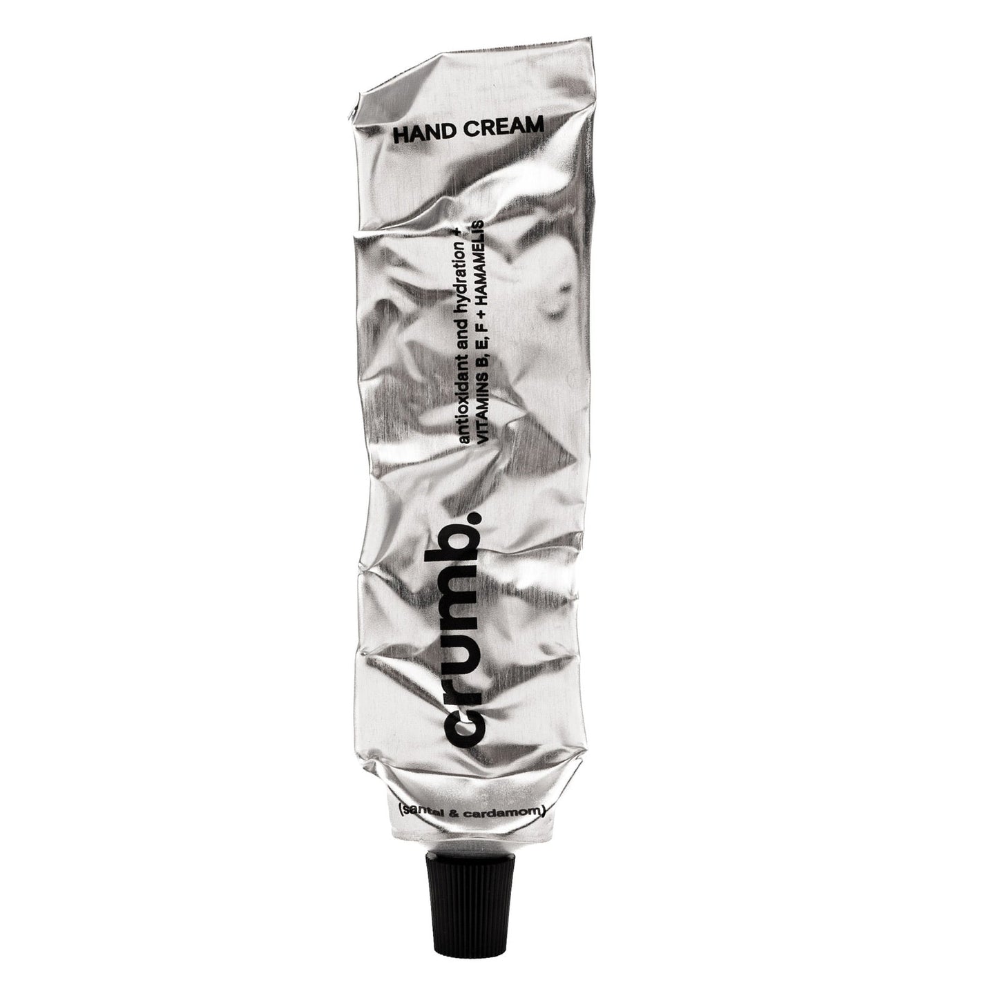 crumb silver tube of hand cream santal & cardamon on a white background