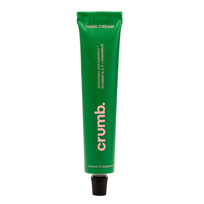 Crumb green hand cream tube vetiver & bergamot on a white background