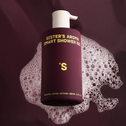 Bottle of Sister's Aroma Smart Shower Gel Fig with foam on a dark background
